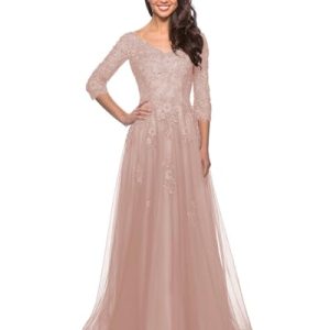 Women's Floral Lace Appliques 3/4 Sleeve Mother of The Bride Dresses Long V Neck Formal Dresses with Pockets YZTS028