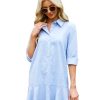 Women's Tunic Mini Shirt Dress Cotton Long Sleeve Ruffle Hem Dress Button Up Shift Chambray Dresses