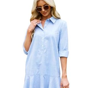 Women's Tunic Mini Shirt Dress Cotton Long Sleeve Ruffle Hem Dress Button Up Shift Chambray Dresses