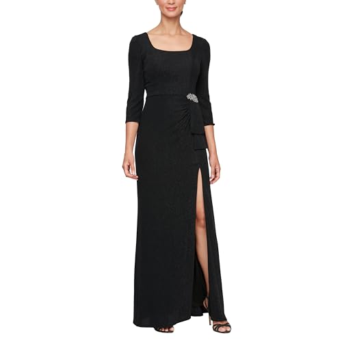 Women's Long Metallic 3/4 Sleeve Mother of The Bride Gown with Square Neck & Side Slit, Formal Dress