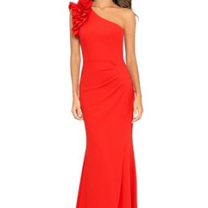 Women's Long One Shoulder Ruffle Scuba Crepe Dress (Standard & Petite)