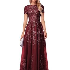 Lace Appliques Mother of The Bride Dresses Short Sleeves Long Sequin Beaded Formal Evening Prom Dress YO149