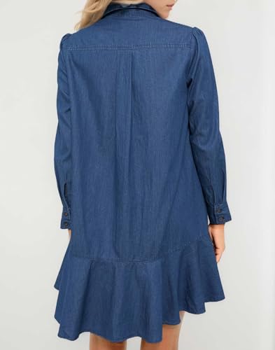 Women's Long Sleeve Denim Shirt Dress 2025 Button Down Ruffle Flowy Collared Mini Jeans Dress