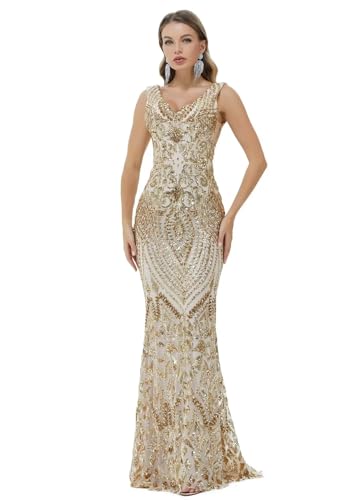 Women's Wedding Bridesmaid Gown Sequined Mermaid V Neck Sleeveless Evening Dress