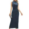 Women Backless Velvet Maxi Dress Back Slit Ruched Bodycon Formal Dress High Neck Cocktail Party Dress 091