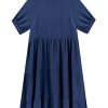Women's Summer Cotton Half Sleeves Button Down Casual Loose Slit Midi Dress with Pockets