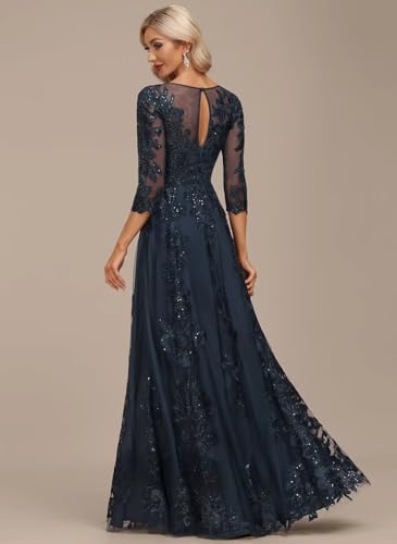 Lace Appliques Mother of The Bride Dresses Long with 3/4 Sleeve Beaded Scoop Neck Formal Gowns