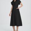Women's Belted Shirt Midi Dress Casual Short Wing Sleeve Button Down Lapel V Neck Dress