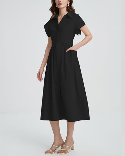 Women's Belted Shirt Midi Dress Casual Short Wing Sleeve Button Down Lapel V Neck Dress