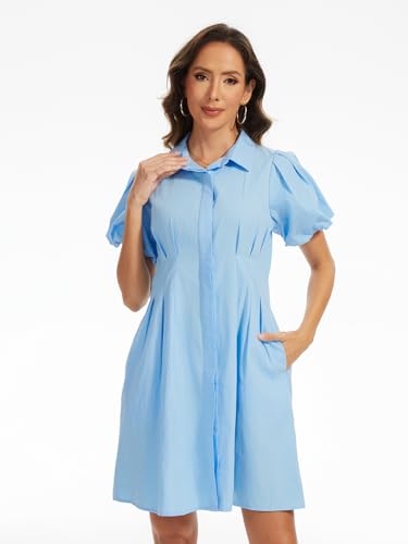 Women's Short Puff Sleeve Shirt Dress Button Down Pleated Mini Dress Summer Casual Short Dresses