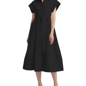 Women's Belted Shirt Midi Dress Casual Short Wing Sleeve Button Down Lapel V Neck Dress