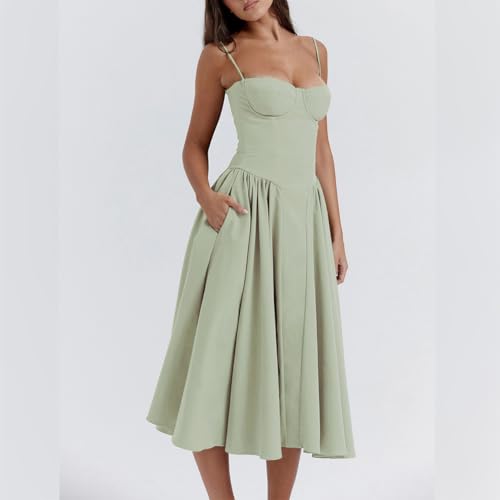 Women??s Corset Dress Sexy Spaghetti Strap Bustier Midi Dress Low Cut Flowy Pleated Hem Formal Dresses with Pockets
