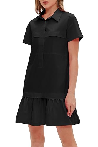 Women's Cotton Drop Waist Ruffle Hem Shirt Dress Short Sleeve Button Down Tunic Dress with Pockets