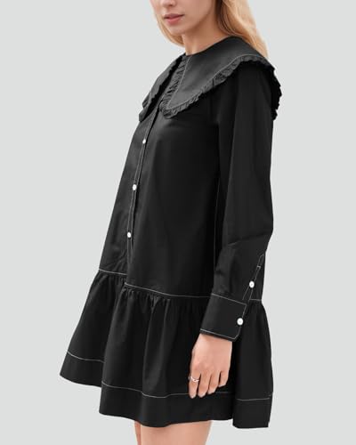 Women Shirt Mini Dress Button Down Ruffle Dress Long Sleeves Shift Dresses Peter Pan Collar Dresses