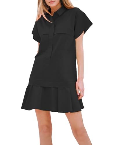 Women's Cotton Drop Waist Ruffle Hem Shirt Dress Short Sleeve Button Down Tunic Dress with Pockets