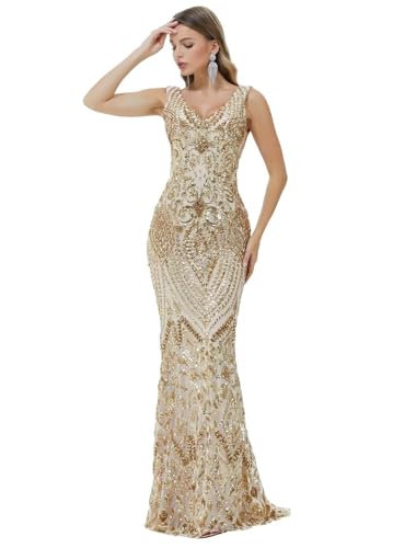 Women's Wedding Bridesmaid Gown Sequined Mermaid V Neck Sleeveless Evening Dress