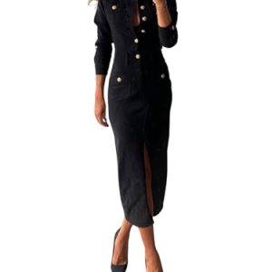 Womens Lapel Long Sleeve Maxi Denim Dress Slim Bodycon Slit 1/2 Button Shirt Dresses