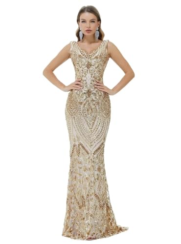 Women's Wedding Bridesmaid Gown Sequined Mermaid V Neck Sleeveless Evening Dress
