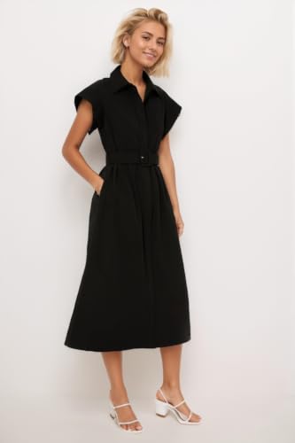 Women Casual Button Down Shirt Dress Short Wing Sleeve Buiness Midi Shirt Dress with Belt Elegant Dress
