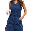 Women Sleeveless V Neck Button Down Frayed Hem Short Denim Dress