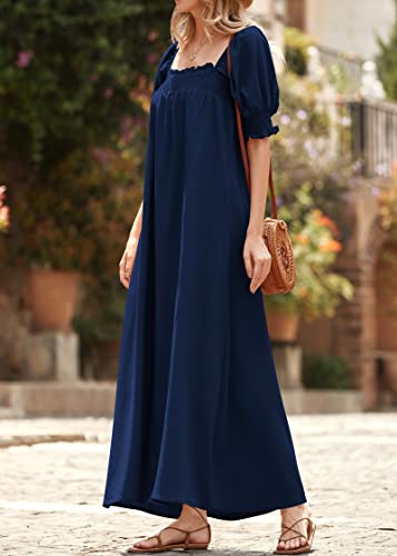 Women 2025 Summer Maxi Dress Casual Loose Puff Sleeve Square Neck Maternity Flowy Long Beach Dresses with Pockets
