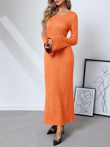 Womens Bell Long Sleeve Maxi Dress Casual Crewneck Knit Slim Fit Flowy Sweater Dresses