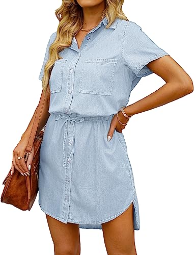 Women Casual Denim Dress Short Sleeve Tie Waist Classic Jean Shirt Dress