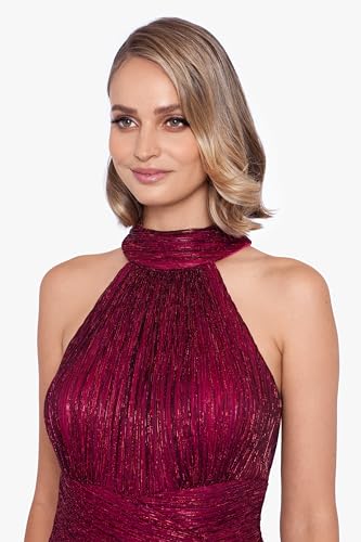 Women's Sleeveless Halter Metallic Crinkle Long Formal Dress