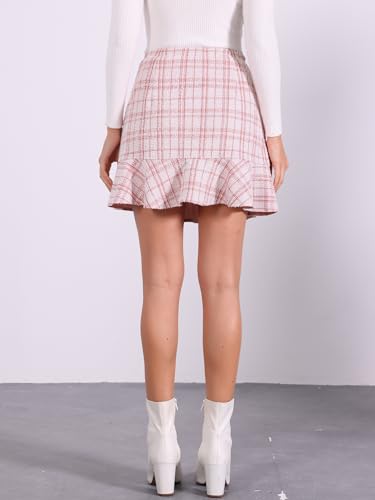 Women's Plaid Skirts Ruffle Hem Button Decor Tweed Mini Skirt