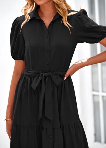 Womens Summer Dresses 2025 Short Sleeve Maxi Dress Casual V Neck Button Down Tiered A Line Flowy Midi Shirt Dress