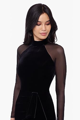 Women's Long Velvet Illusion Sleeve Mock Neck Ruched Gown