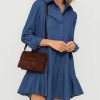 Women's Long Sleeve Denim Shirt Dress 2025 Button Down Ruffle Flowy Collared Mini Jeans Dress