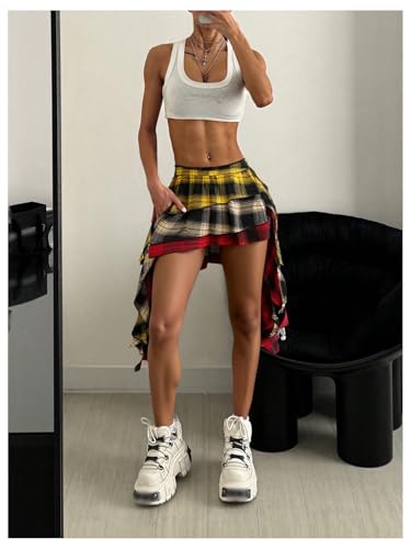 Women's Plaid Skirt Low Waist Asymmetrical Tiered Ruffle Y2k Mini Skirts