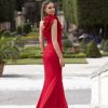 Women's Long One Shoulder Ruffle Scuba Crepe Dress (Standard & Petite)