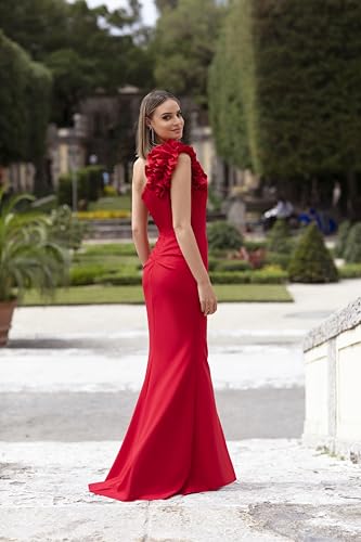 Women's Long One Shoulder Ruffle Scuba Crepe Dress (Standard & Petite)