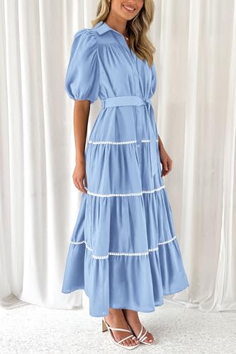 Women's Summer Button Down Shirt Dress Short Puffy Sleeve Tiered Ruffle Flowy Long Maxi Dresses