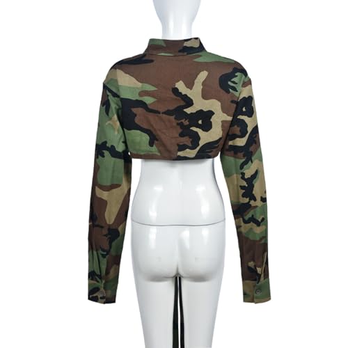 Womens Summer Cute Camo Button Down Cropped Jean Jacket Casual Lapel Outwear Denim Shirts Blouse Top