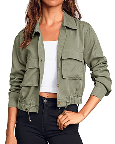 Women's Military Safari Cropped Jackets Button Down Lightweight Oversized Utility Anorak Coat with Pockets