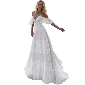 Women's Wedding Dresses Chic Lace Evening Dresses V Neck Ruffle Sleeves Beachy Boho Outdoorsy Wedding Gowns