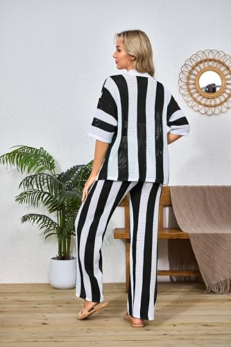 Women's Summer Knit Color Block Two Piece Outfits Button Down Short Sleeved Hollow Out Shirts Long Pants beach Set