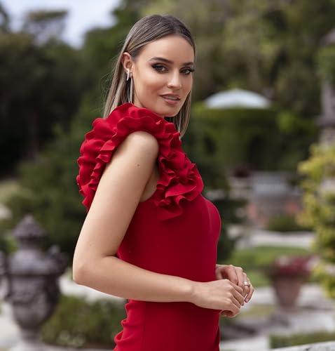 Women's Long One Shoulder Ruffle Scuba Crepe Dress (Standard & Petite)
