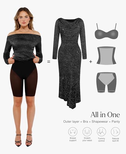 Sparkly Dresses for Women Long Sleeve Off The Shoulder Cocktail Dresses Bodycon Shapewear Mermaid Dress