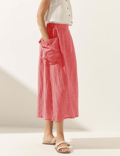 Plaid Skirts for Women Elastic Waist Midi Skirt with Pockets Vintage Flowy Gingham Long Skirt