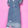 Women's Spring Fashion Ripped Holes Maxi Long Denim Jacket Trench Coat