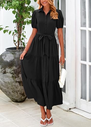 Womens Summer Dresses 2025 Short Sleeve Maxi Dress Casual V Neck Button Down Tiered A Line Flowy Midi Shirt Dress