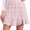 Women's Plaid Skirts Ruffle Hem Button Decor Tweed Mini Skirt