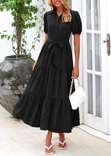 Womens Summer Dresses 2025 Short Sleeve Maxi Dress Casual V Neck Button Down Tiered A Line Flowy Midi Shirt Dress