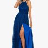 Women's Long Metallic Sleeveless Halter Neck Wrap Overlay Gown