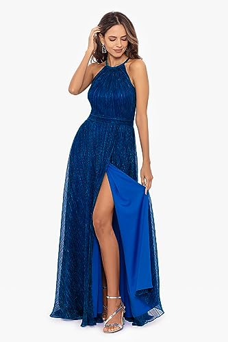 Women's Long Metallic Sleeveless Halter Neck Wrap Overlay Gown