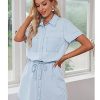 Women Casual Denim Dress Short Sleeve Tie Waist Classic Jean Shirt Dress